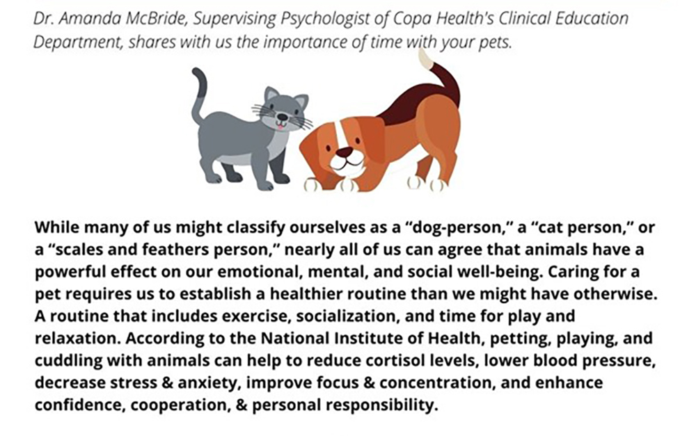 While many of us might classify ourselves as a “dog-person,” a “cat person,” or a “scales and feathers person,” nearly all of us can agree that animals have a powerful effect on our emotional, mental, and social well-being. Caring for a pet requires us to establish a healthier routine than we might have otherwise. A routine that includes exercise, socialization, and time for play and relaxation. According to the National Institute of Health, petting, playing, and cuddling with animals can help to reduce cortisol levels, lower blood pressure, decrease stress & anxiety, improve focus & concentration, and enhance confidence, cooperation, & personal responsibility.