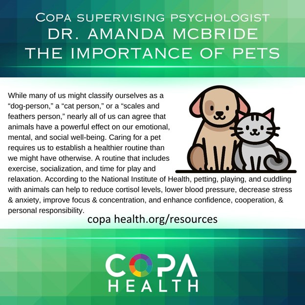 While many of us might classify ourselves as a “dog-person,” a “cat person,” or a “scales and feathers person,” nearly all of us can agree that animals have a powerful effect on our emotional, mental, and social well-being. Caring for a pet requires us to establish a healthier routine than we might have otherwise. A routine that includes exercise, socialization, and time for play and relaxation. According to the National Institute of Health, petting, playing, and cuddling with animals can help to reduce cortisol levels, lower blood pressure, decrease stress & anxiety, improve focus & concentration, and enhance confidence, cooperation, & personal responsibility.